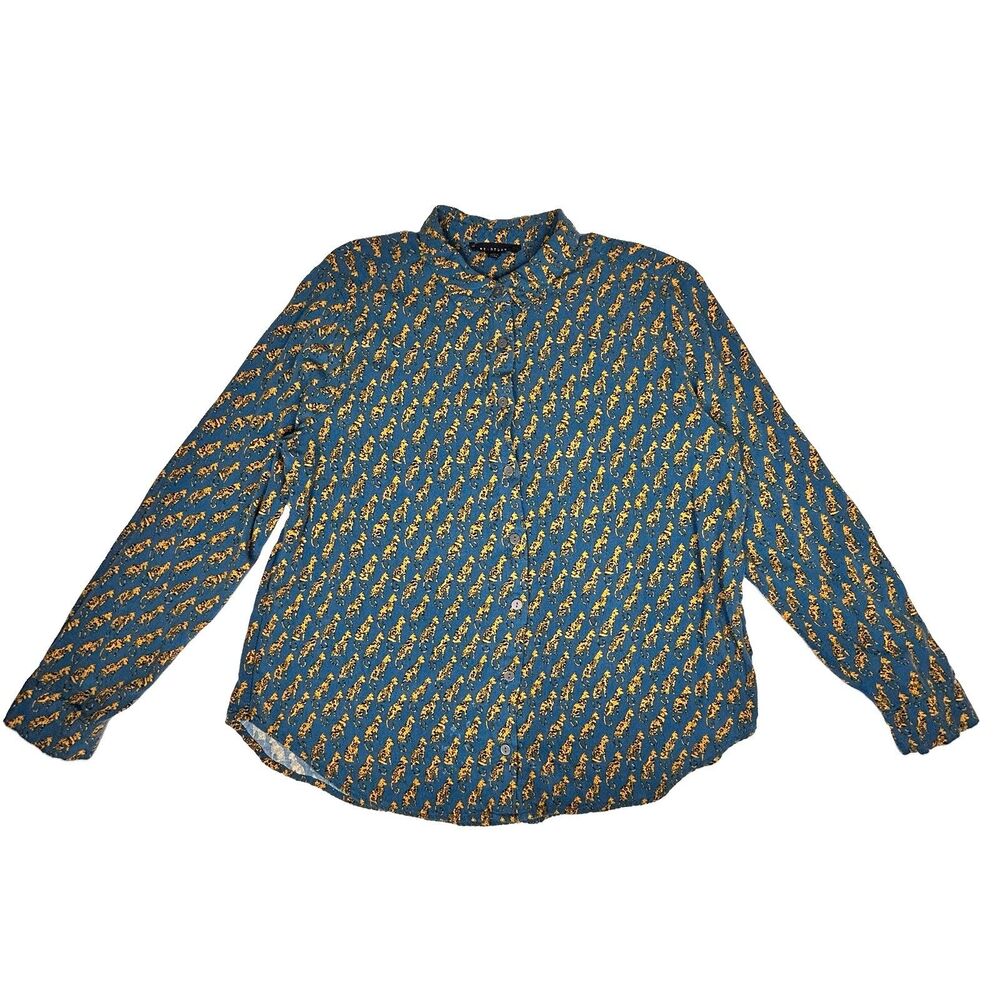 Jane + Delancey Teal/Gold Leopard Cat Print Button Down Shirt Women Medium
